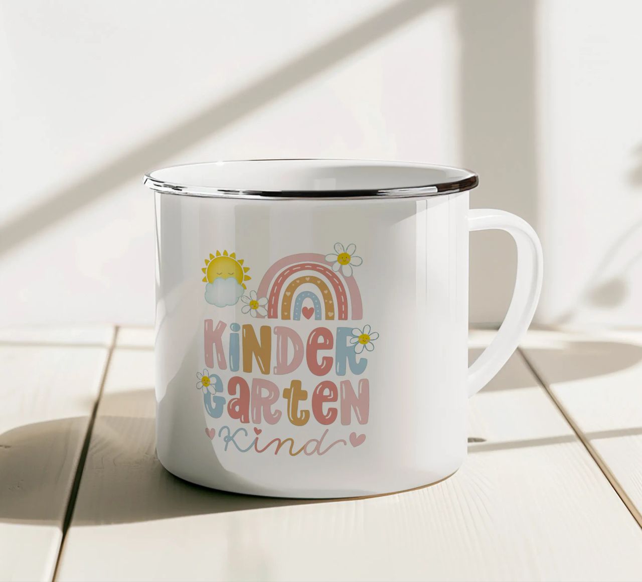 Bambino dell'asilo. Arcobaleno boho. Sole. Personalizzabile. tazza in smalto da CalliLetters