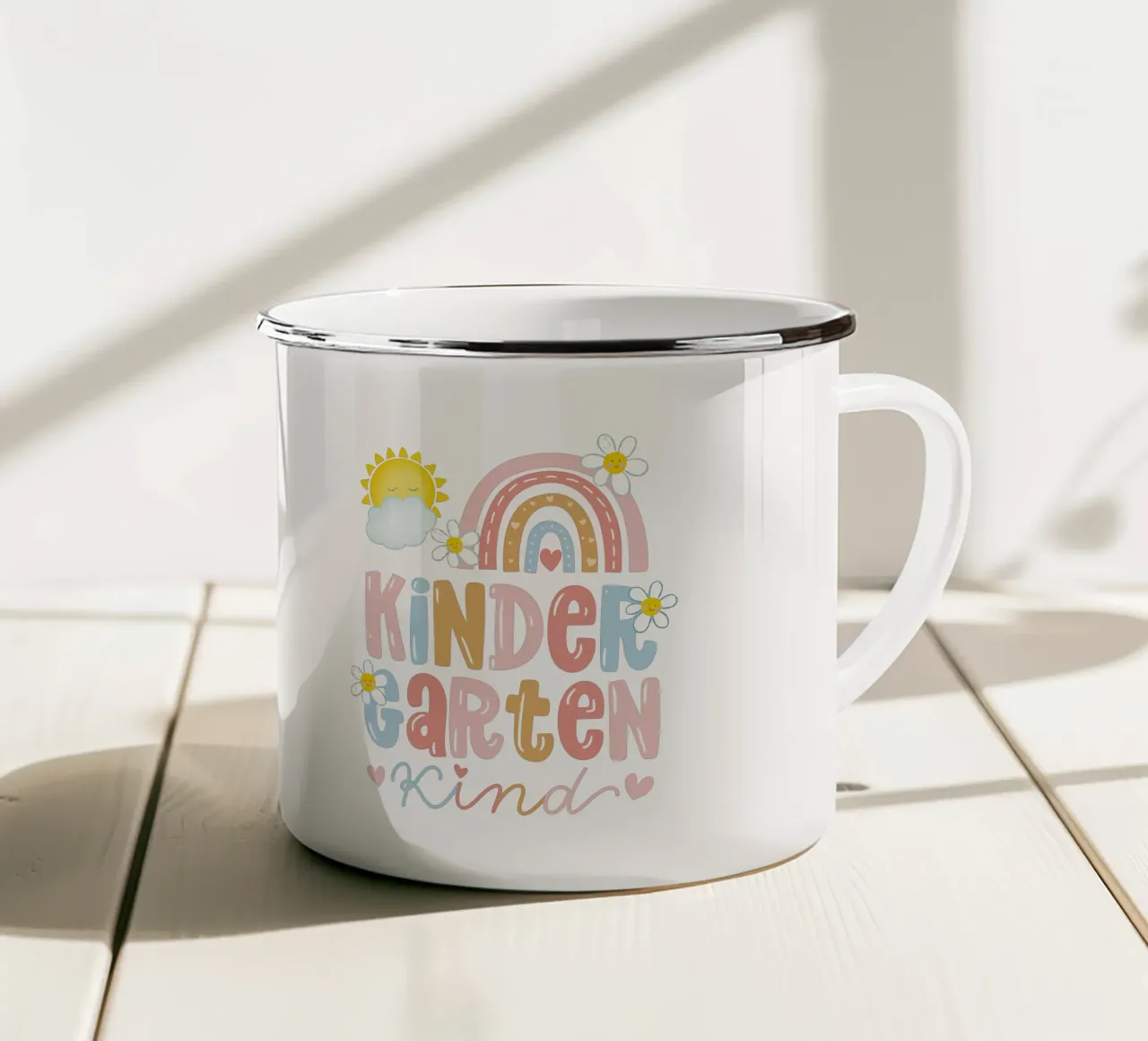 Niño de guardería. Arco iris boho. Sol. Personalizable. taza de esmalte de CalliLetters