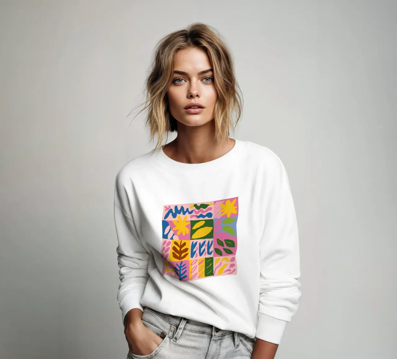 Playful Patchwork Forms sweatshirt by Sun Riser