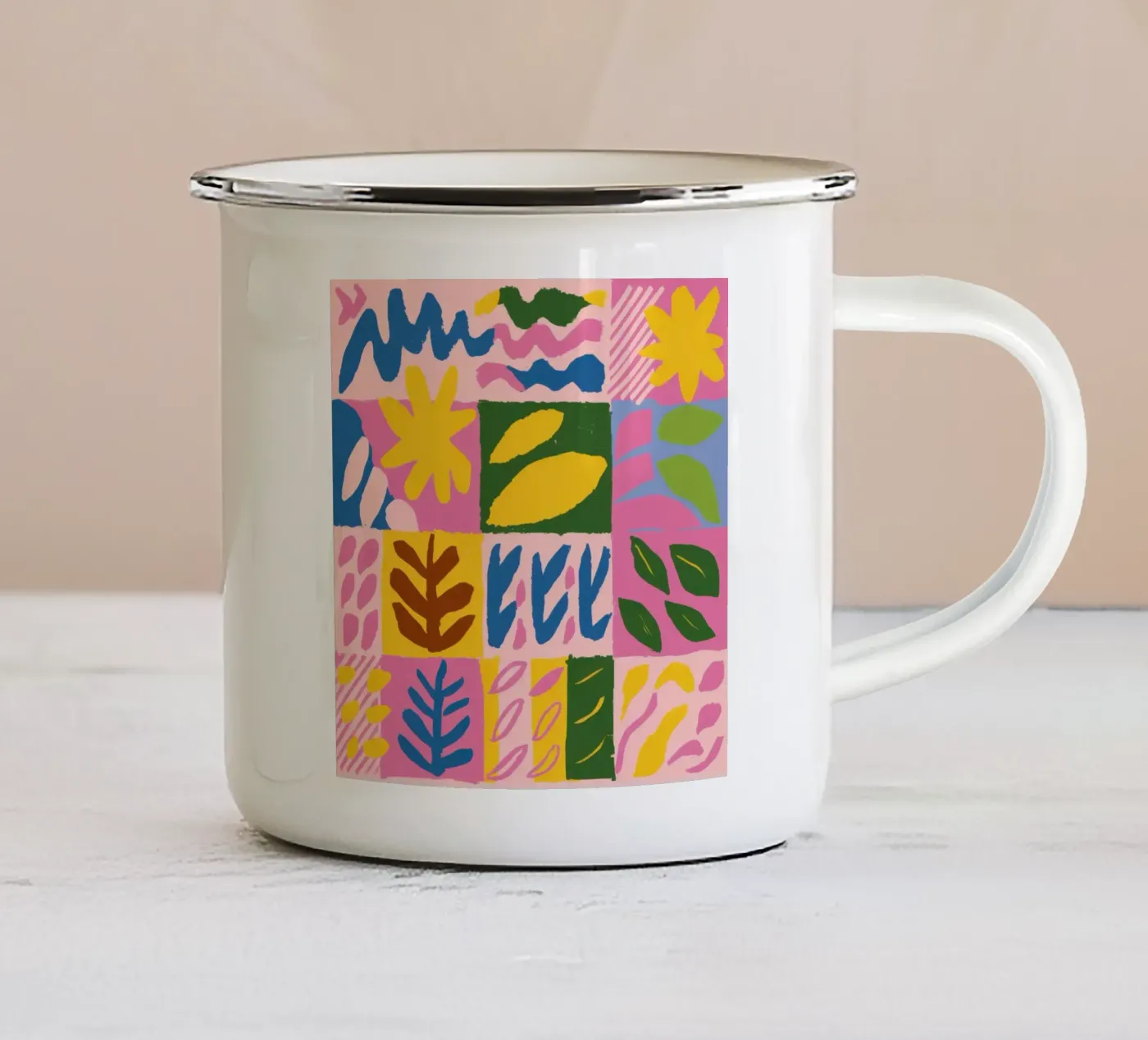 Playful Patchwork Forms enamel mug by Sun Riser