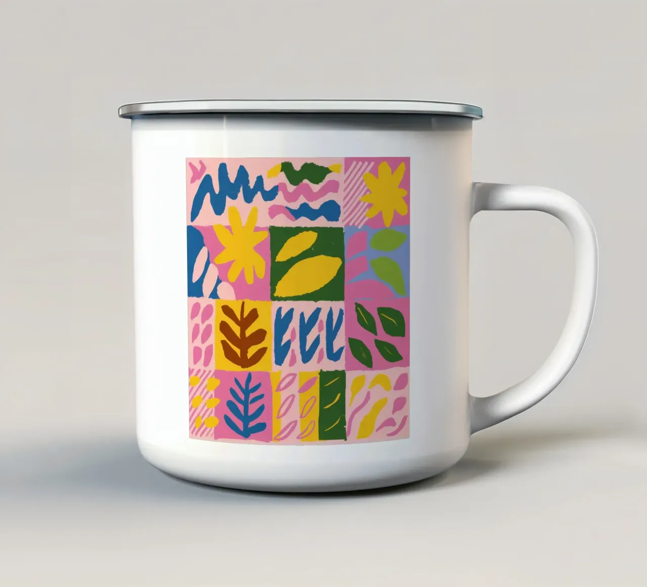 Playful Patchwork Forms enamel mug by Sun Riser