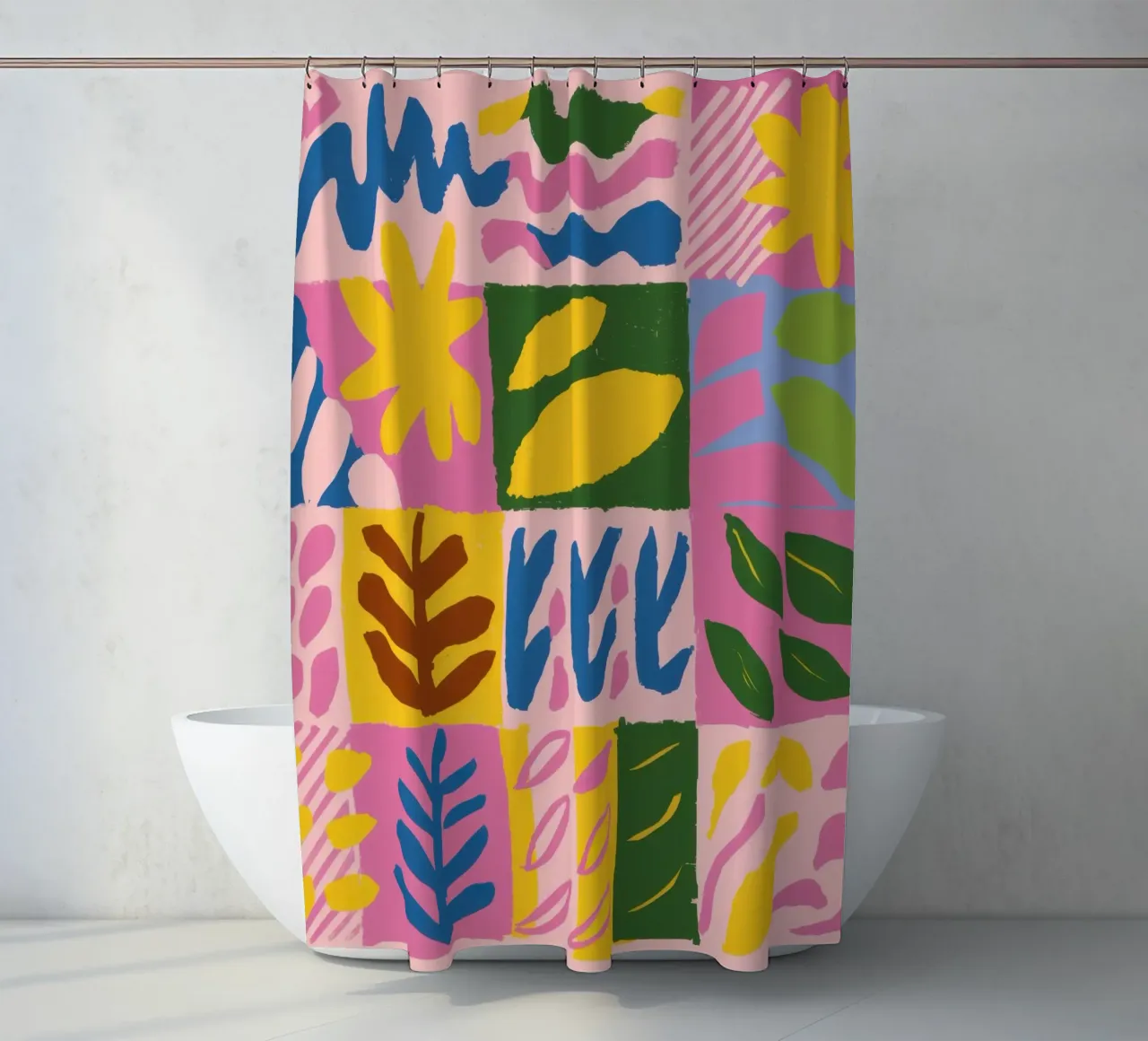 Speelse patchworkvormen douchegordijn van Sun Riser