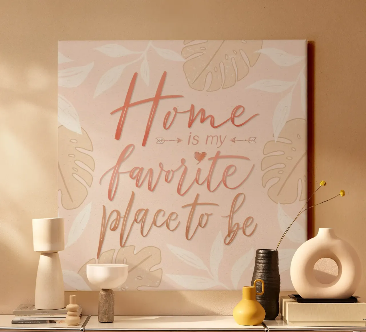 Il mio posto preferito è la casa. Stile boho. Monstera e foglie tela con Cornice a cassetta da CalliLetters