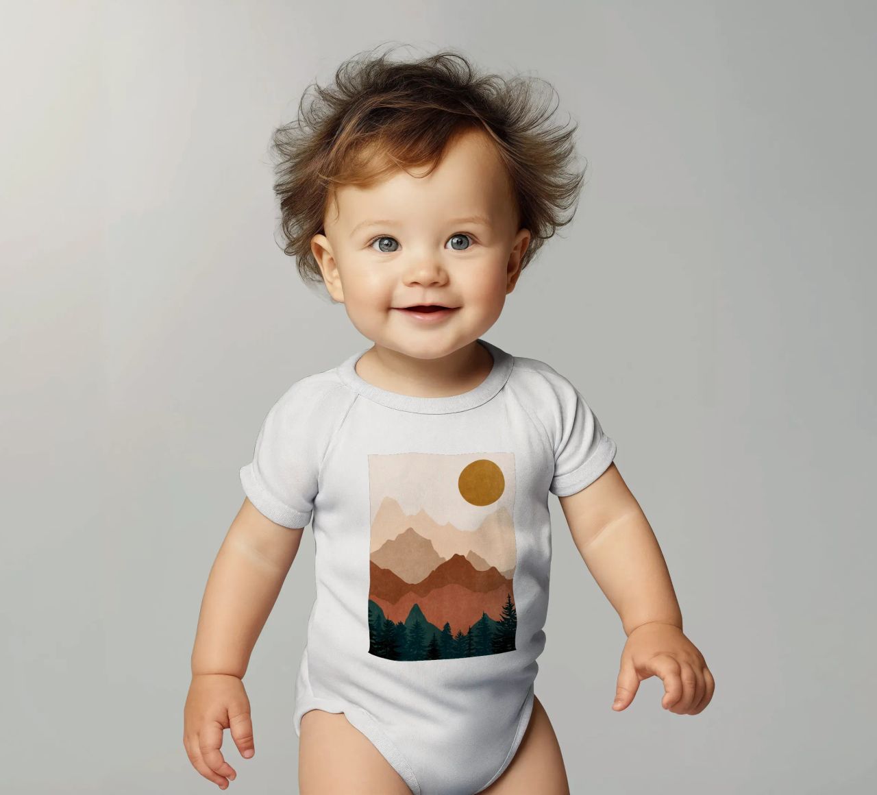 Minimalist Sunset Mountain Peaks with Sun - Set of 2 Part 2 short-sleeve baby romper by kookiepixel