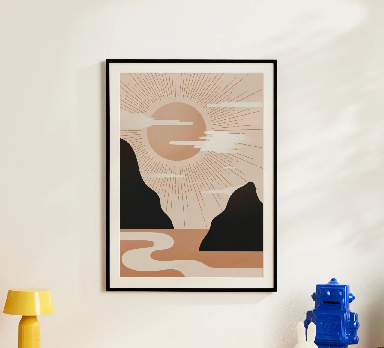 Paysage minimaliste d'un lever de soleil brumeux - Nursery Art (Part 1) poster avec cadre en aluminium de kookiepixel