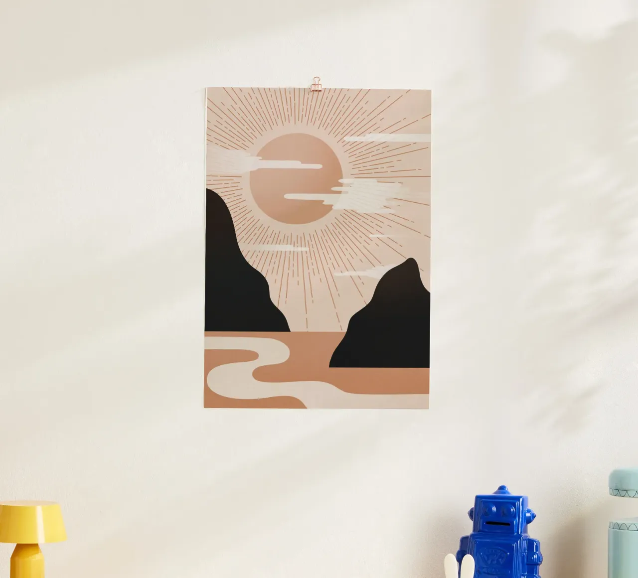 Paysage minimaliste d'un lever de soleil brumeux - Nursery Art (Part 1) poster avec cadre en aluminium de kookiepixel