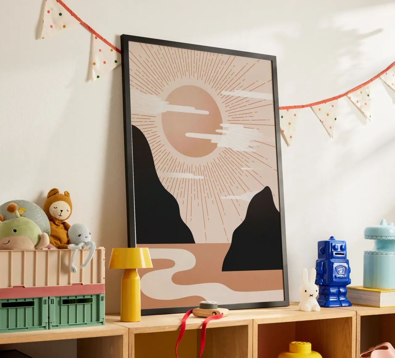 Paysage minimaliste d'un lever de soleil brumeux - Nursery Art (Part 1) poster avec cadre en aluminium de kookiepixel