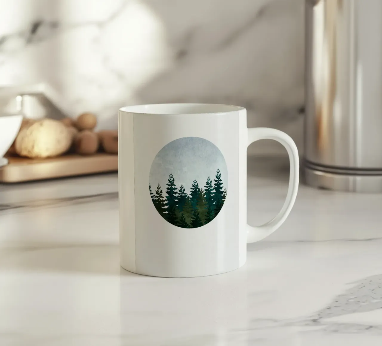Minimalist Evergreen Trees Art - Nature Circle Wall Print ceramic mug by kookiepixel