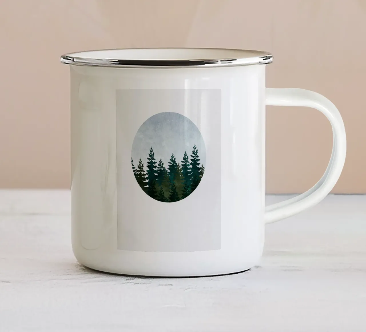 Minimalist Evergreen Trees Art - Nature Circle Wall Print enamel mug by kookiepixel