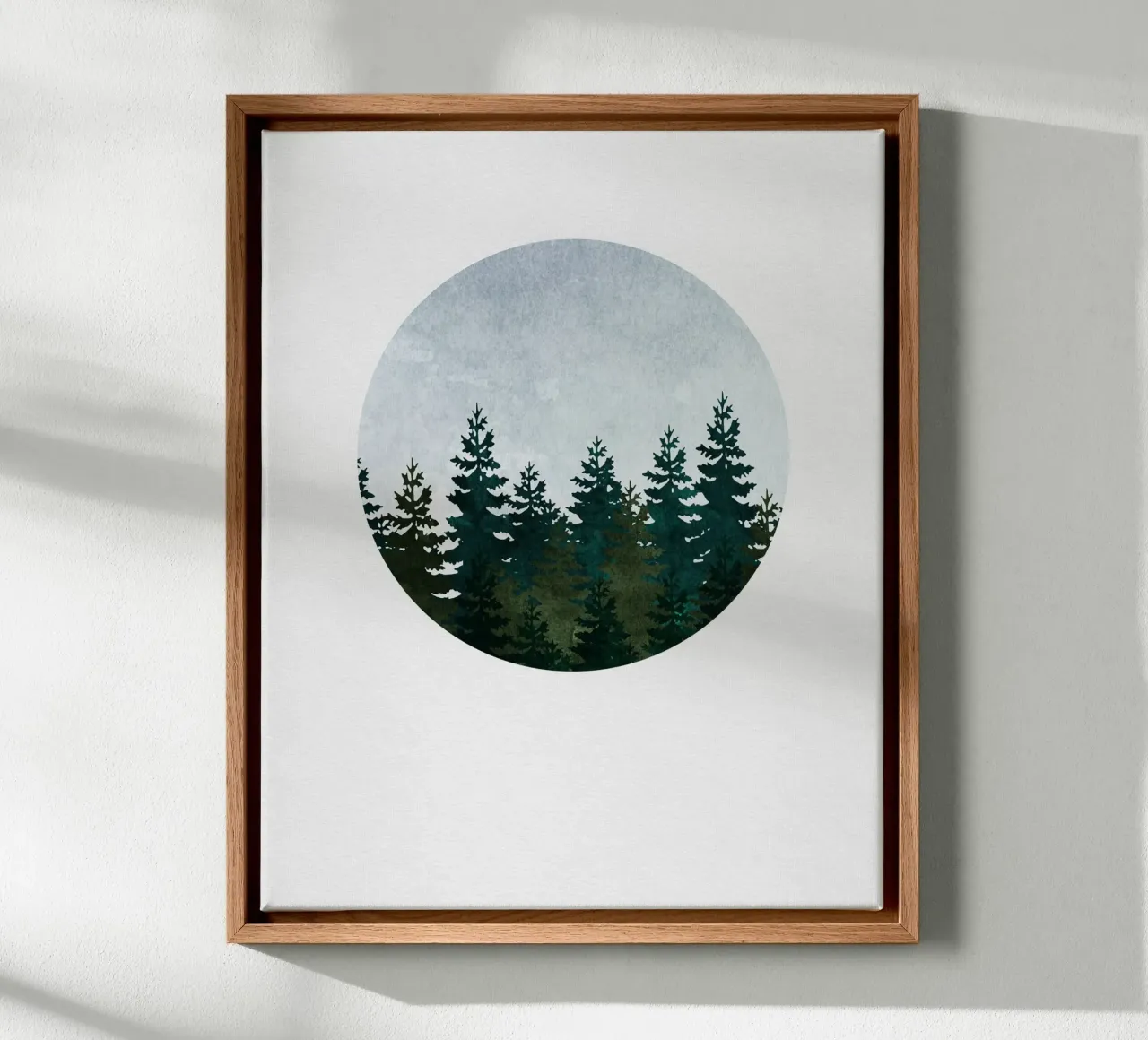 Minimalist Evergreen Trees Art - Nature Circle Wall Print canvas with Floater frame by kookiepixel