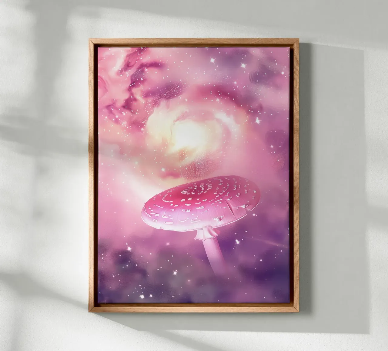 Magical Psychedelic Pink Mushroom Celestial Universe canvas with Floater frame by Gentle Echoes Art