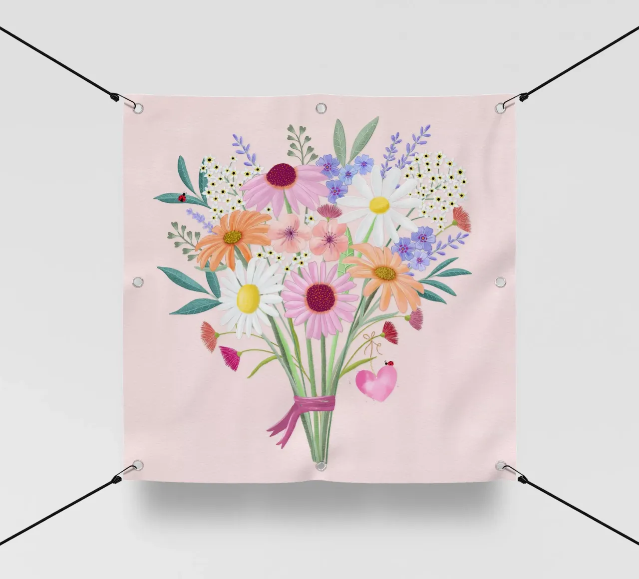 Bouquet con coccinelle e cuore in delicati colori pastello telo in pvc da CalliLetters