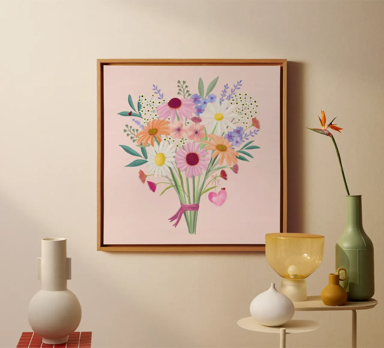 Bouquet con coccinelle e cuore in delicati colori pastello tela con Cornice a cassetta da CalliLetters