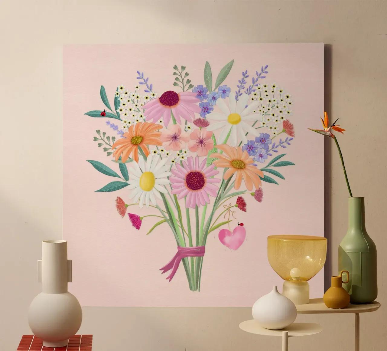 Bouquet con coccinelle e cuore in delicati colori pastello tela con Cornice a cassetta da CalliLetters