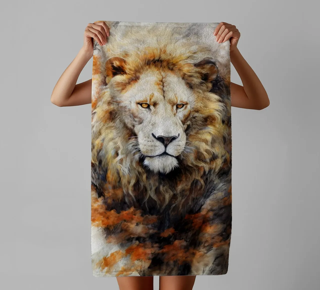 White lion watercolor art towel by Justyna Jaszke JBJart