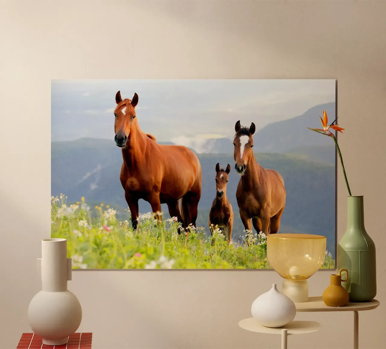 Tre cavalli poster con telaio in legno da Alexey