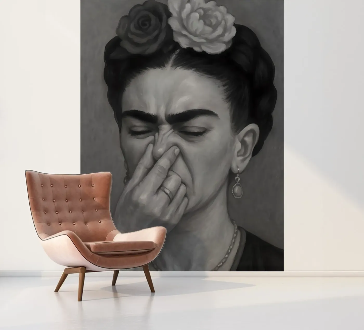 FRIDA KAHLO : ILLUSTRATION HUMORISTIQUE DE SALLES DE BAINS ET DE TOILETTES EN NOIR ET BLANC papier peint photo de ARTOMATIC