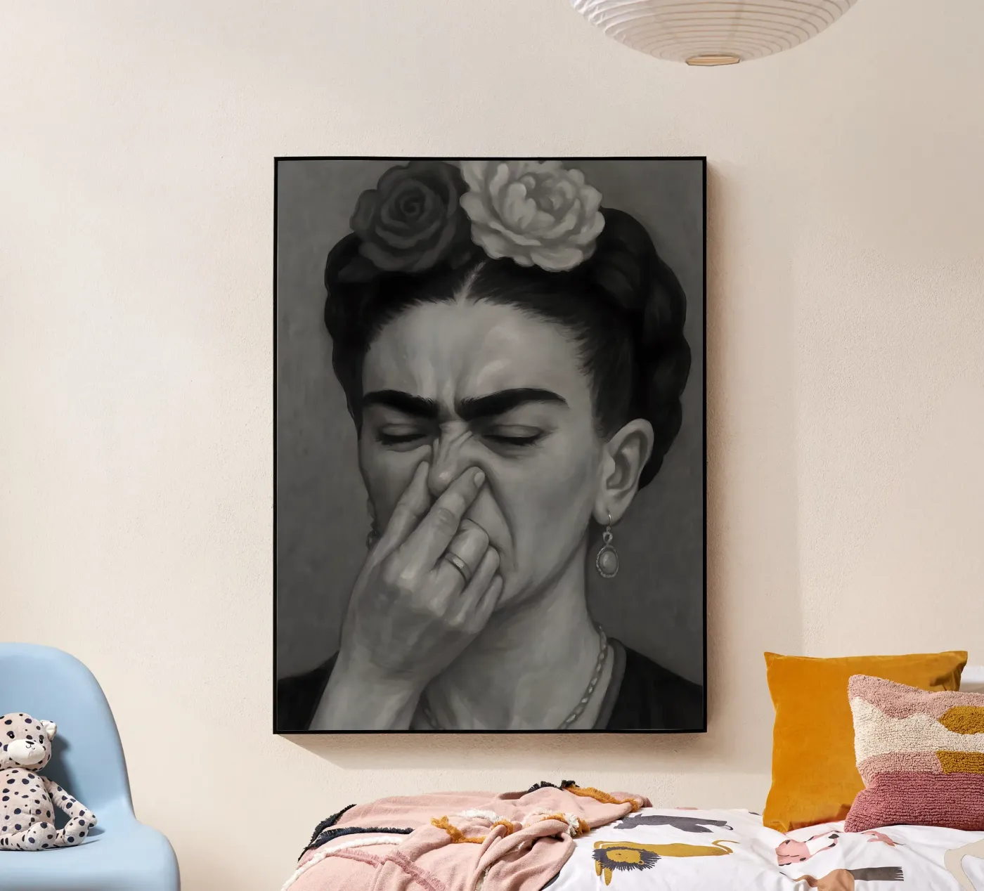 FRIDA KAHLO – LUSTIGES BADEZIMMER, TOILETTE, SCHWARZ-WEISS Acryl-Glas von ARTOMATIC