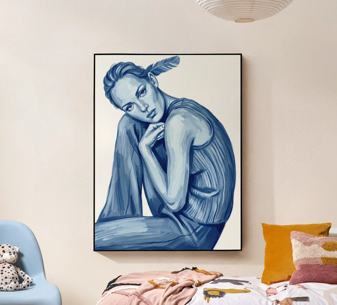 VROUW MET EEN BLAUWE VEDER acryl van ARTOMATIC