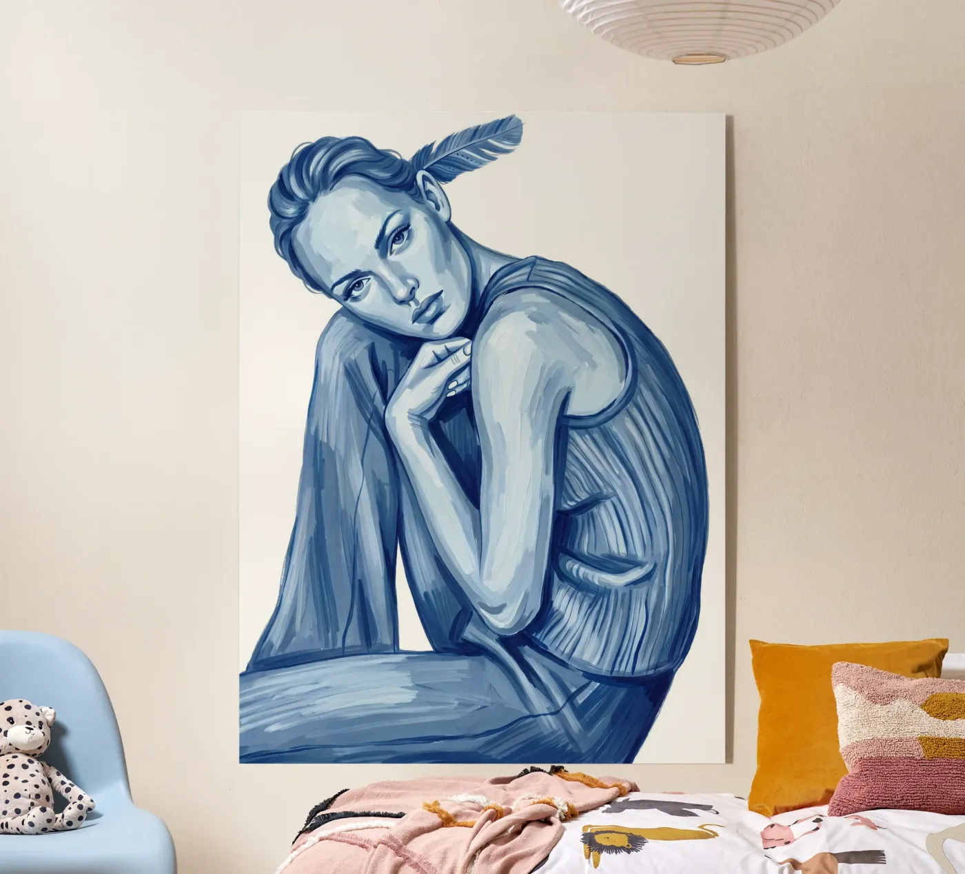 VROUW MET EEN BLAUWE VEDER acryl van ARTOMATIC