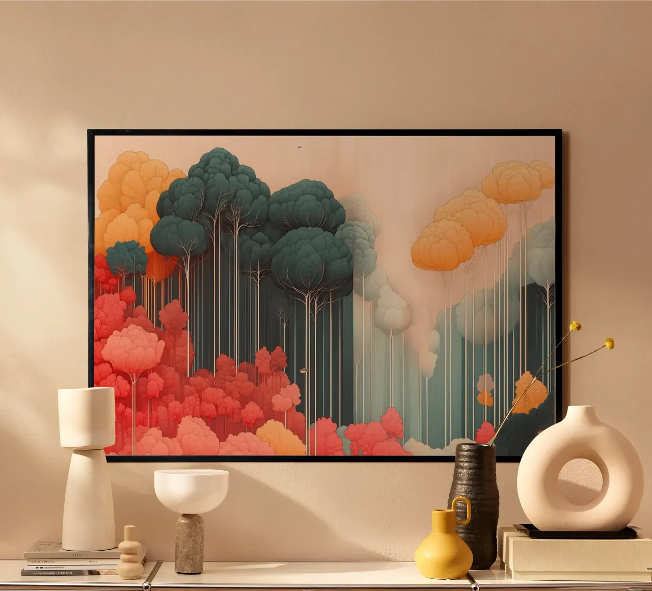 Surreale paesaggio forestale colorato poster con telaio in legno da Little Things