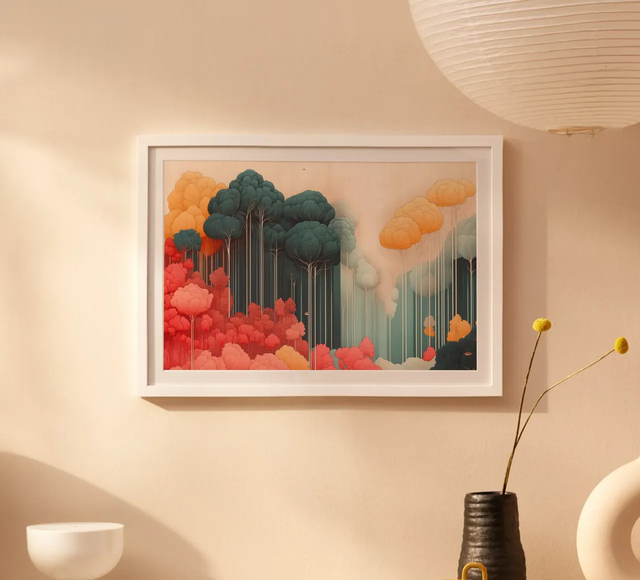 Surreale paesaggio forestale colorato poster con telaio in legno da Little Things