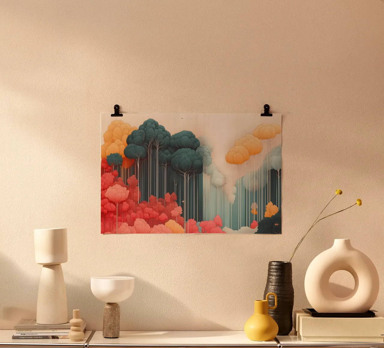 Surreale paesaggio forestale colorato poster con telaio in legno da Little Things