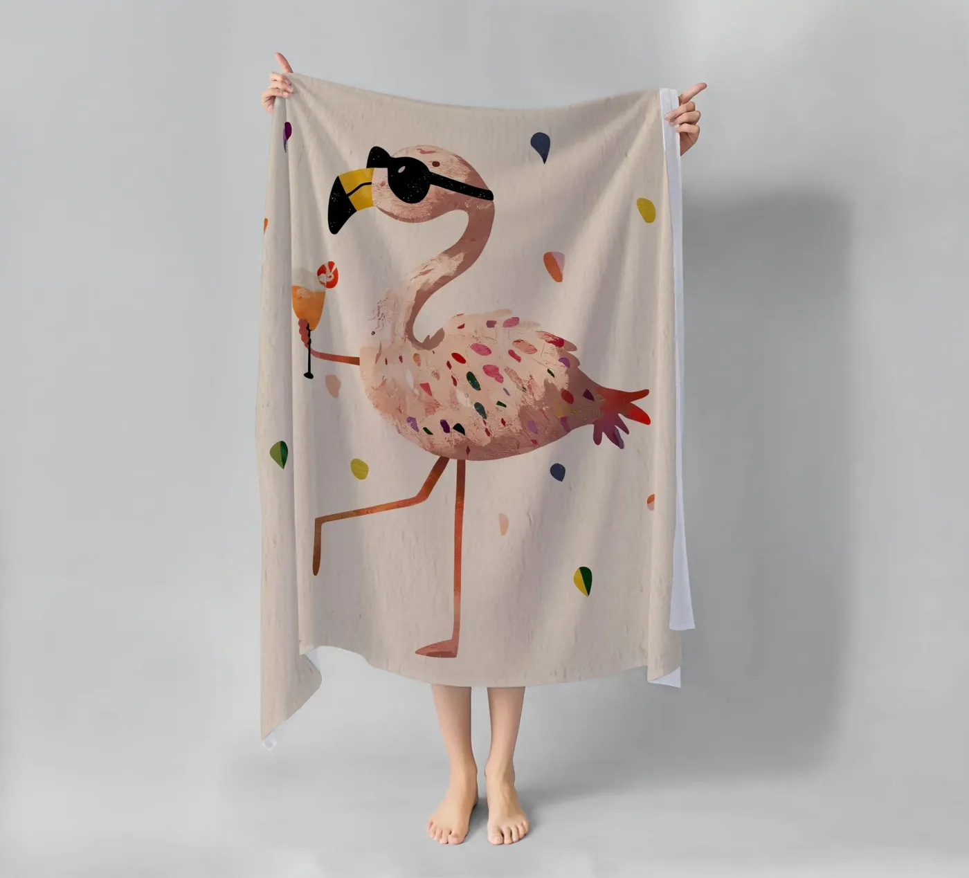 Flamingo drinking beach towel by Dreamy Nursery