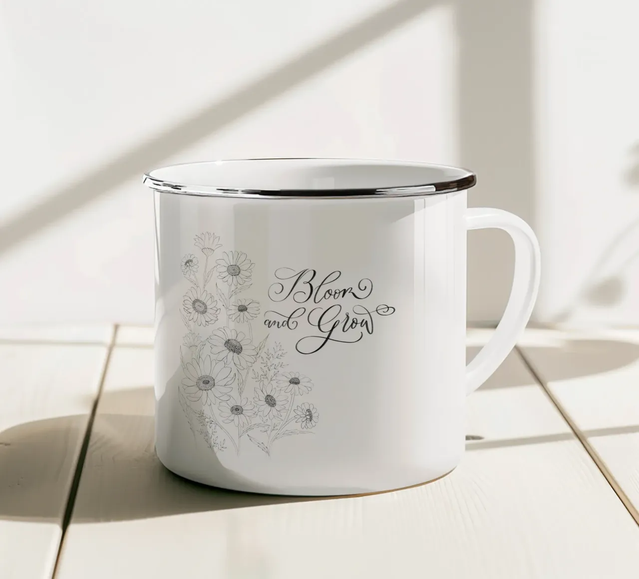 Sbocciare e fiorire. Fiori e calligrafia. Line Art. Citazione. tazza in smalto da CalliLetters