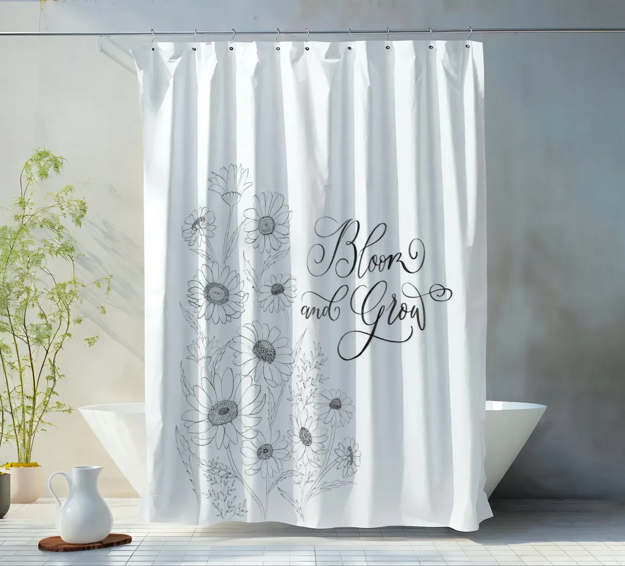 Sbocciare e fiorire. Fiori e calligrafia. Line Art. Citazione. tenda da doccia da CalliLetters