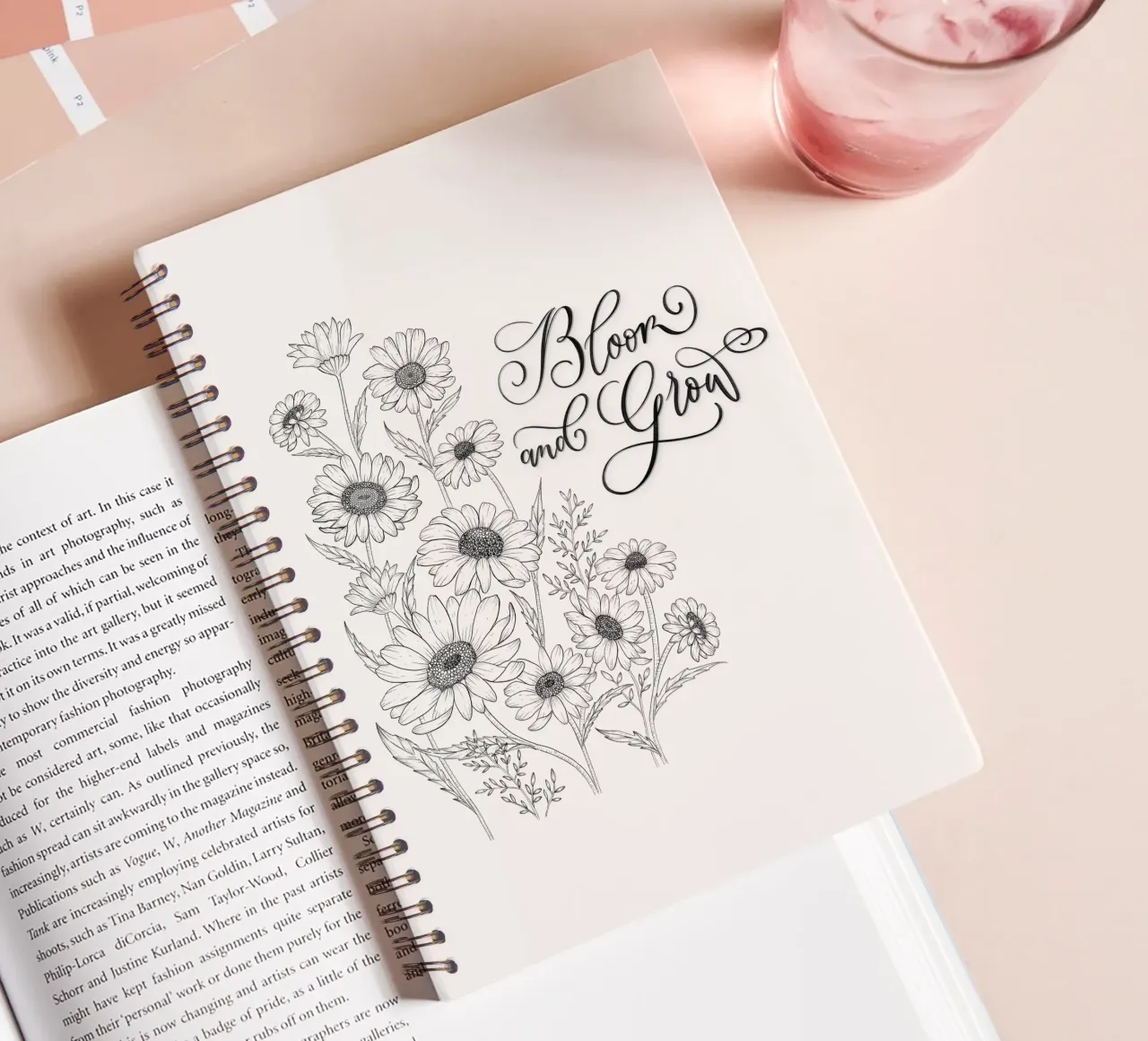 Blossom and flourish. Flowers and calligraphy. Line Art. Quote. spiral notebook by CalliLetters