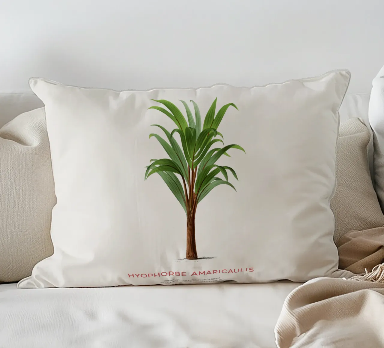 Loneliest palm or Hyophorbe Amaricaulis decorative cushion by Vintagrafica
