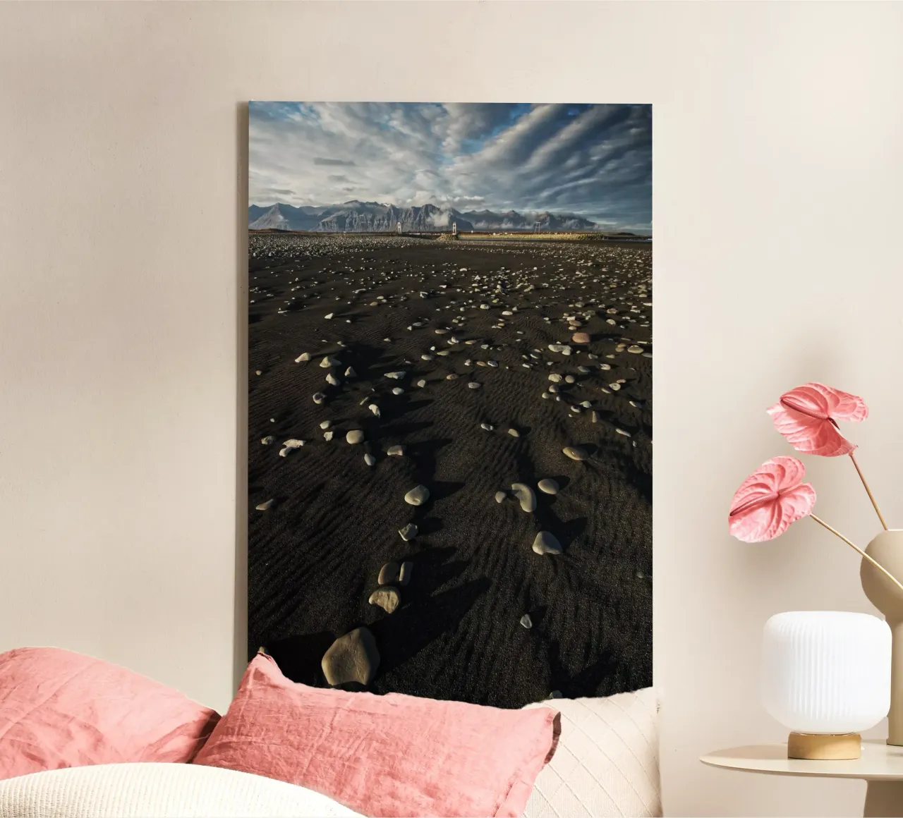 Black sand beach and mountains in Iceland canvas by Fjöllart