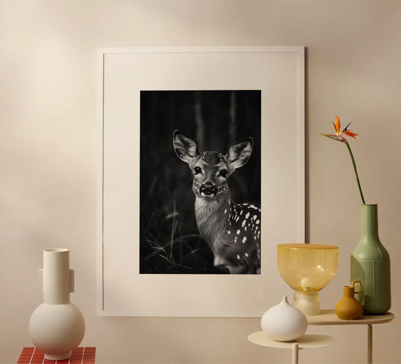 Grâce et innocence : faon dans la forêt | Oeuvre 08 poster avec cadre en bois de Paws & Portraits