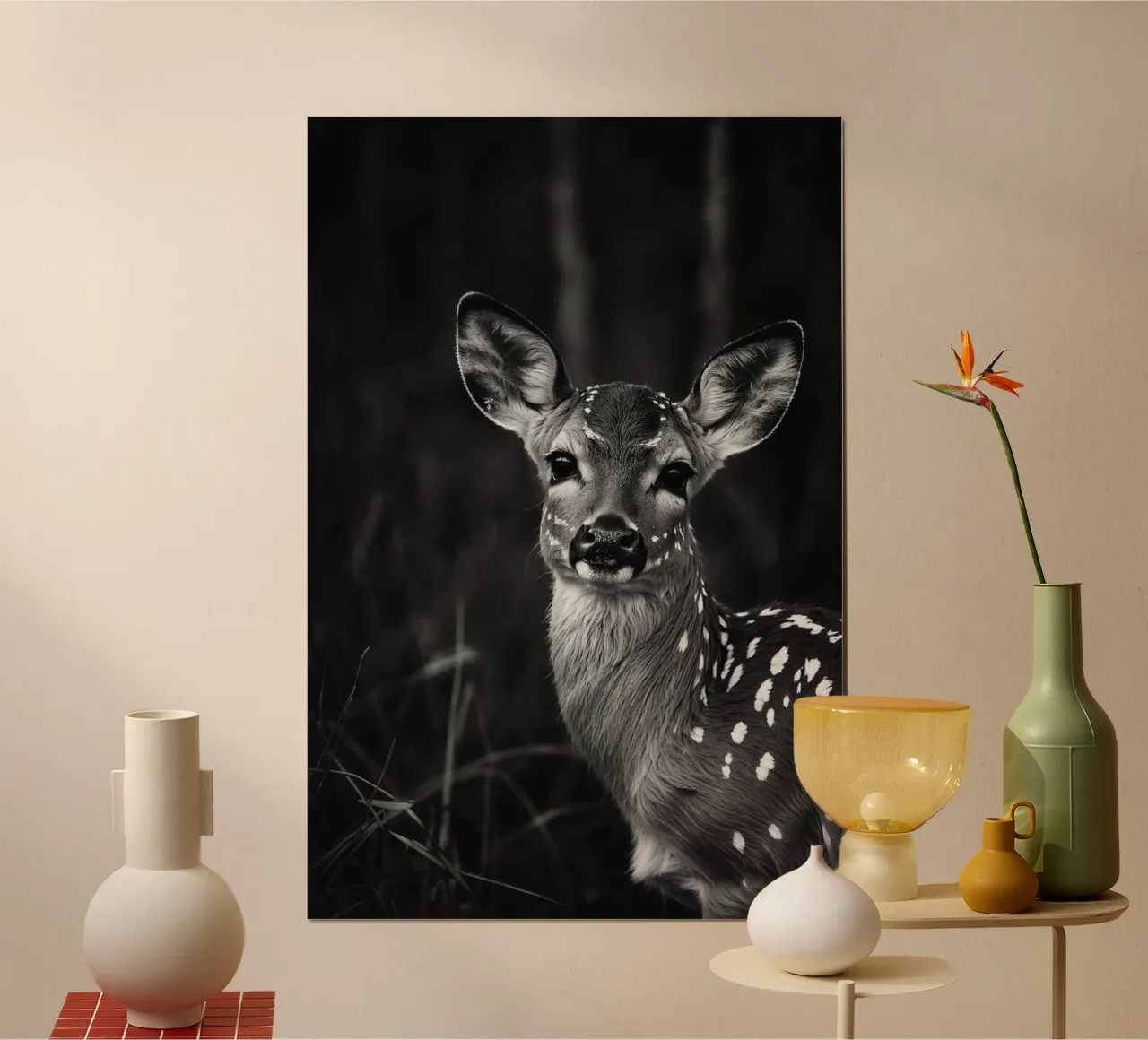 Grâce et innocence : faon dans la forêt | Oeuvre 08 poster avec cadre en bois de Paws & Portraits
