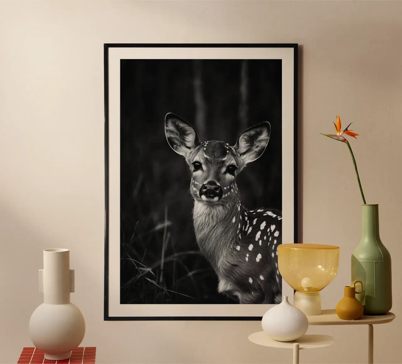 Grâce et innocence : faon dans la forêt | Oeuvre 08 poster avec cadre en bois de Paws & Portraits