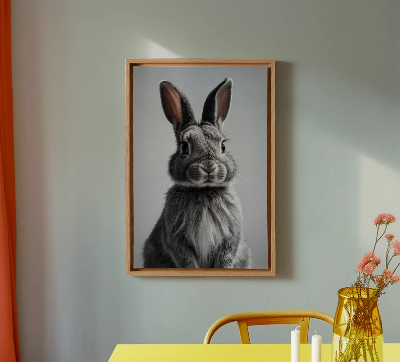 Eleganza orgogliosa: ritratto di coniglio in grigio | Werk 17 tela con Cornice a cassetta da Paws & Portraits