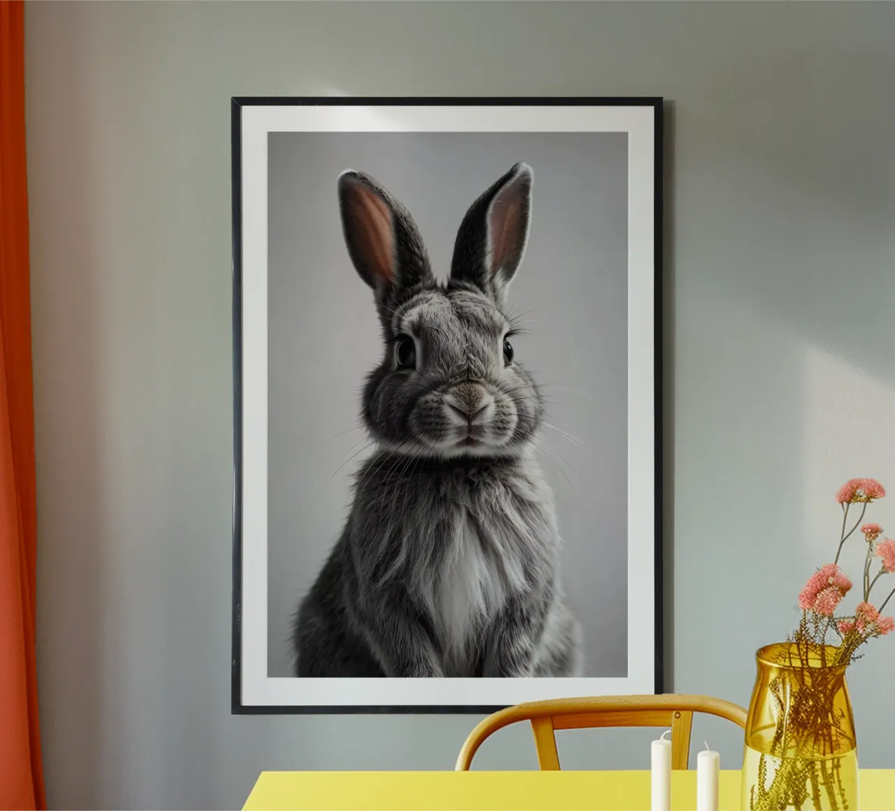 Eleganza orgogliosa: ritratto di coniglio in grigio | Werk 17 poster con telaio in legno da Paws & Portraits