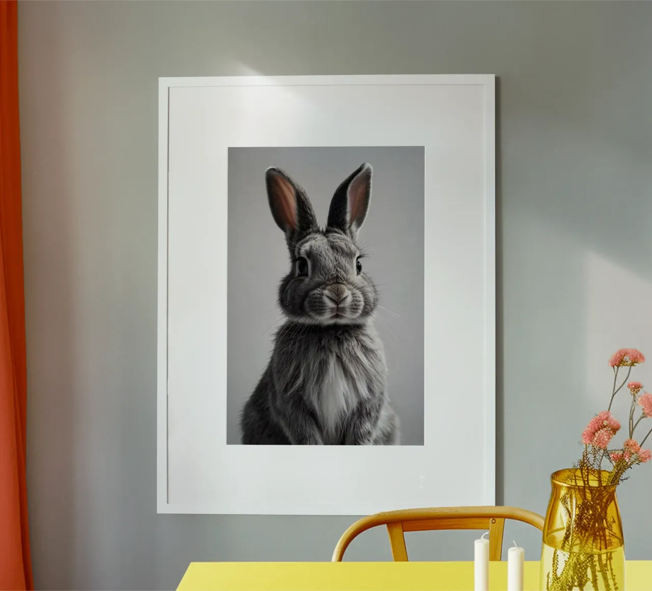 Eleganza orgogliosa: ritratto di coniglio in grigio | Werk 17 poster con telaio in legno da Paws & Portraits