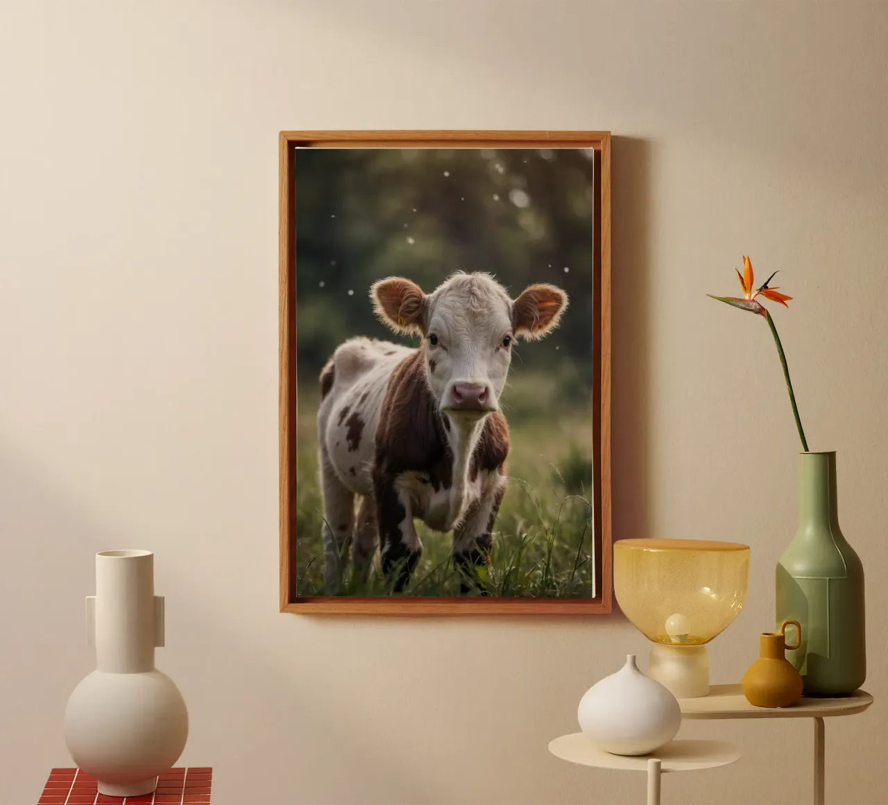 Curiosity in the pasture: Calf in the sunlight | Werk 19 canvas with Floater frame by Paws & Portraits