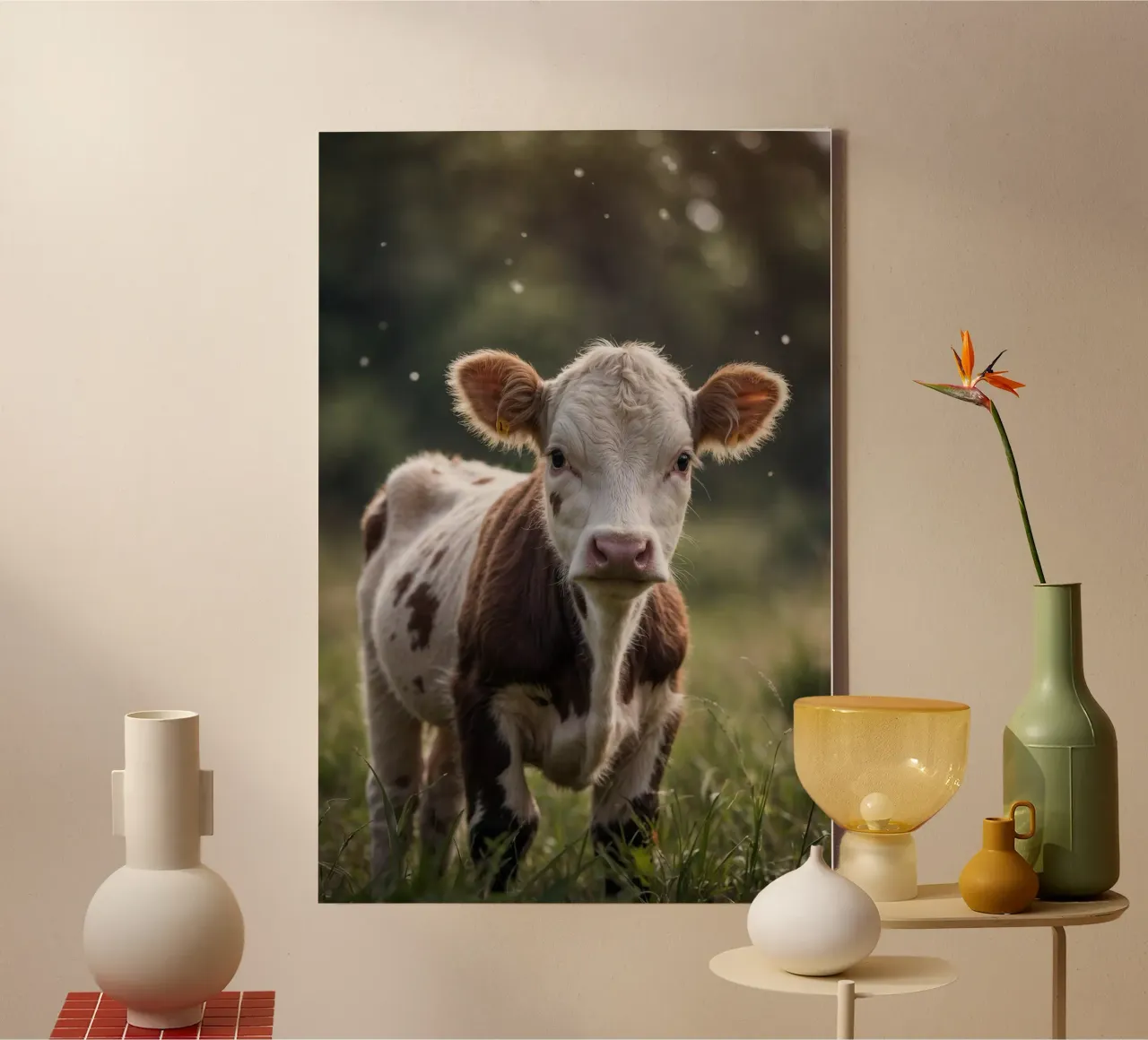 Curiosity in the pasture: Calf in the sunlight | Werk 19 canvas with Floater frame by Paws & Portraits