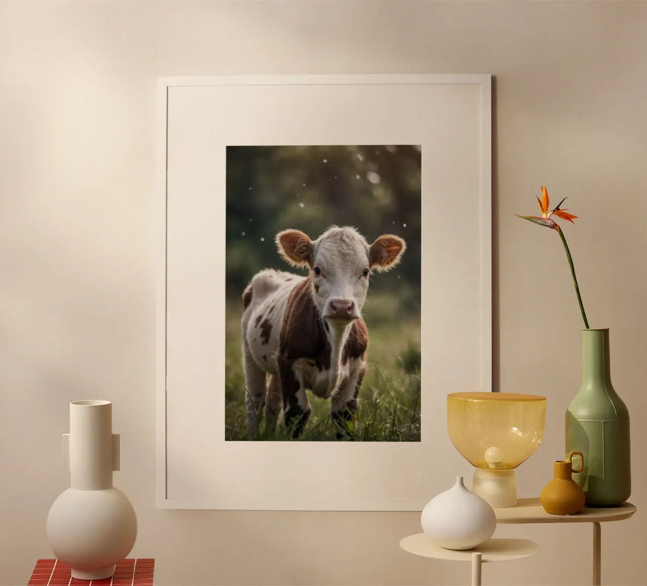 Neugier auf der Weide: Kalb im Sonnenlicht | Werk 19 Poster mit Kunststoffrahmen von Paws & Portraits