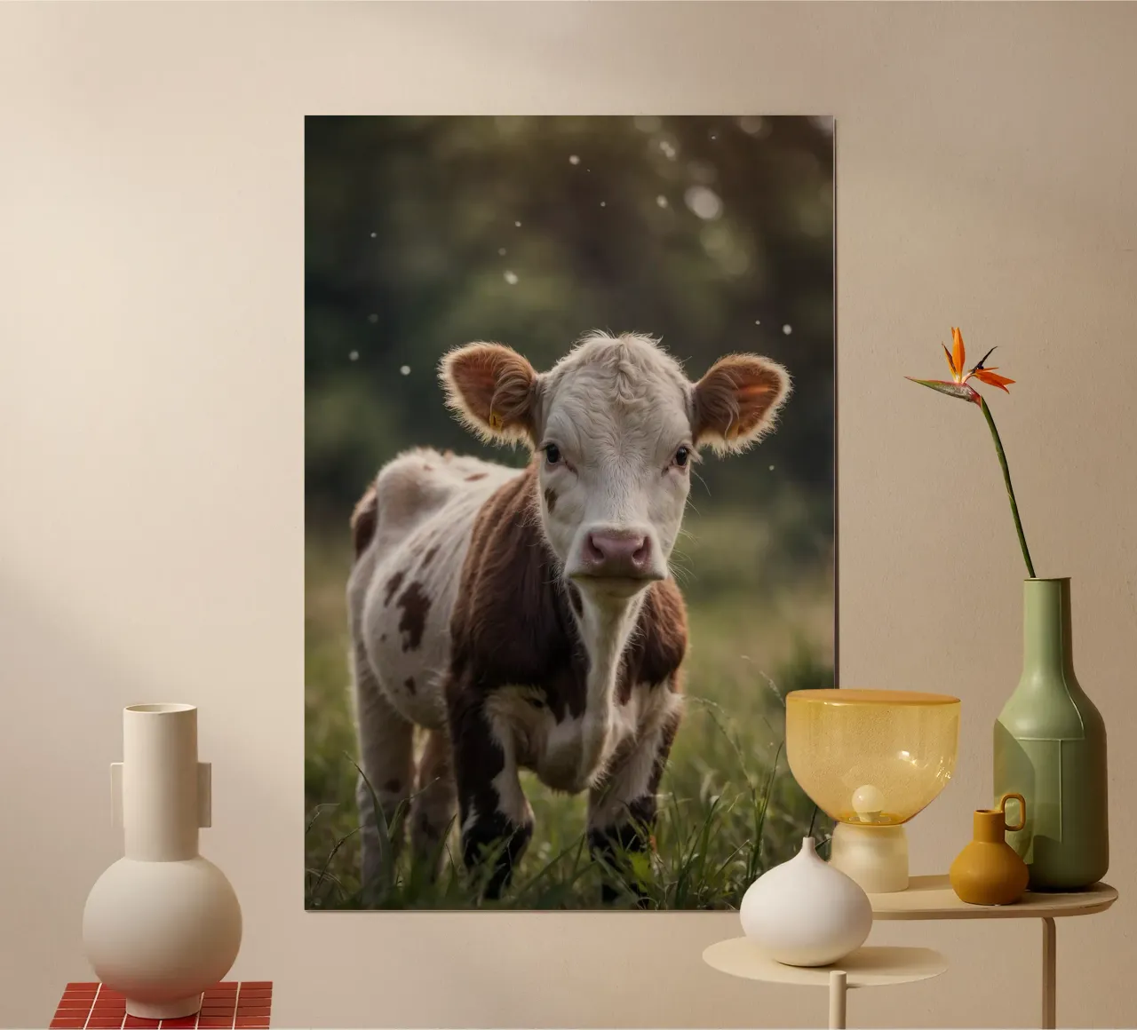 Neugier auf der Weide: Kalb im Sonnenlicht | Werk 19 Poster mit Kunststoffrahmen von Paws & Portraits