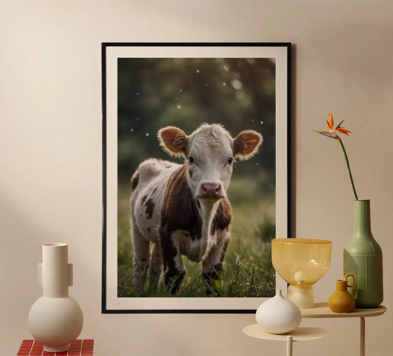 Neugier auf der Weide: Kalb im Sonnenlicht | Werk 19 Poster mit Kunststoffrahmen von Paws & Portraits