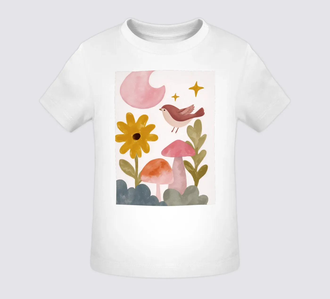 Cute Bird in a Mushroom Garden Under a Pink Moon Animal Art maglietta neonato da GentleEchoes Dreamlight