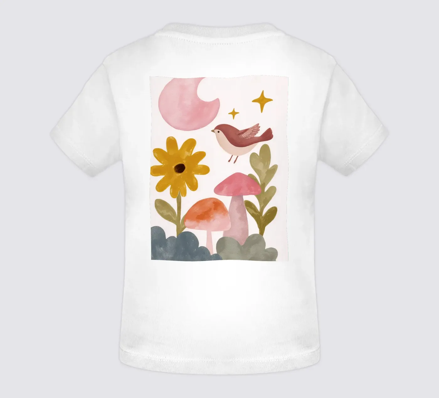 Cute Bird in a Mushroom Garden Under a Pink Moon Animal Art maglietta neonato da GentleEchoes Dreamlight