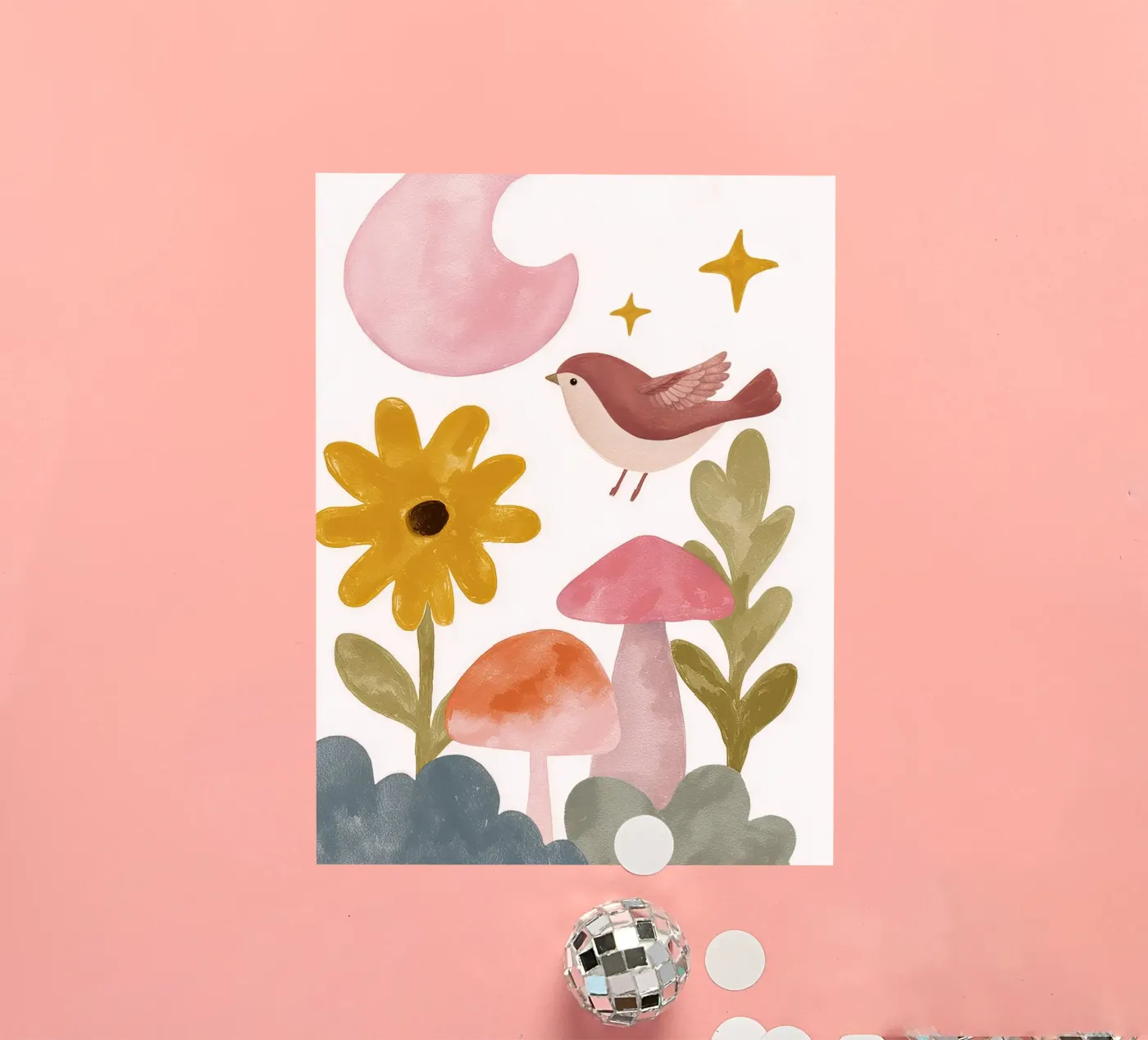 Simpatico uccellino in un giardino di funghi sotto una luna rosa Arte animale adesivo da GentleEchoes Dreamlight