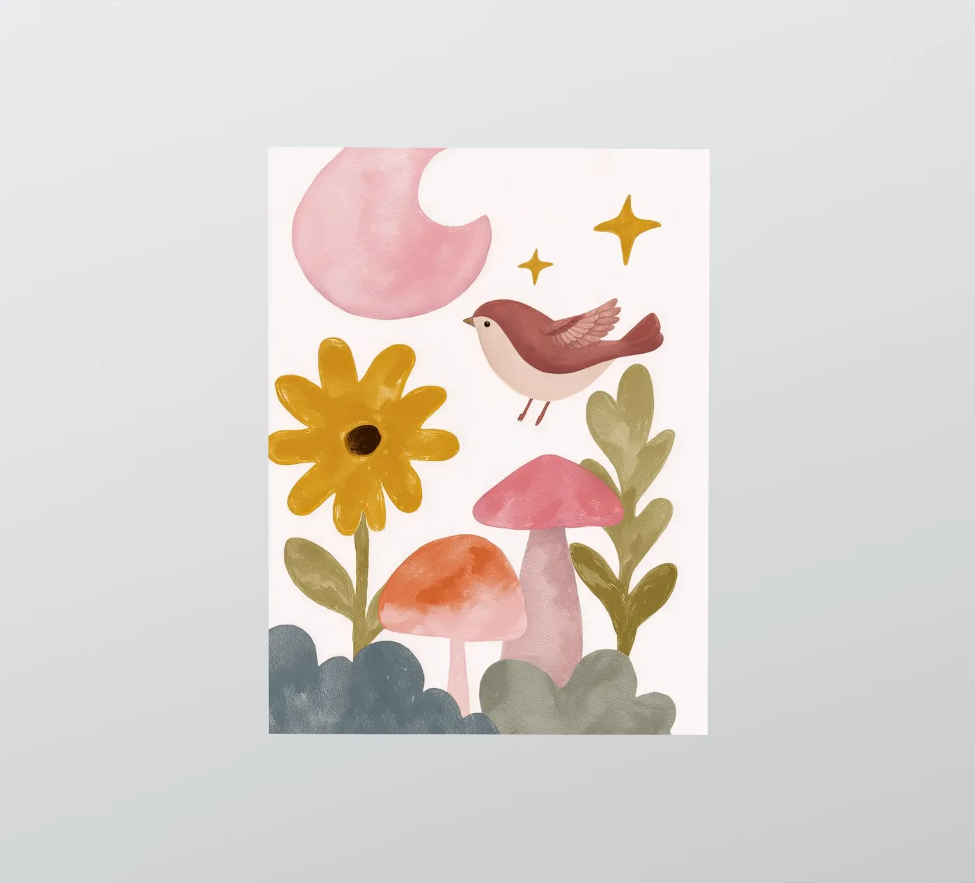 Simpatico uccellino in un giardino di funghi sotto una luna rosa Arte animale adesivo da GentleEchoes Dreamlight