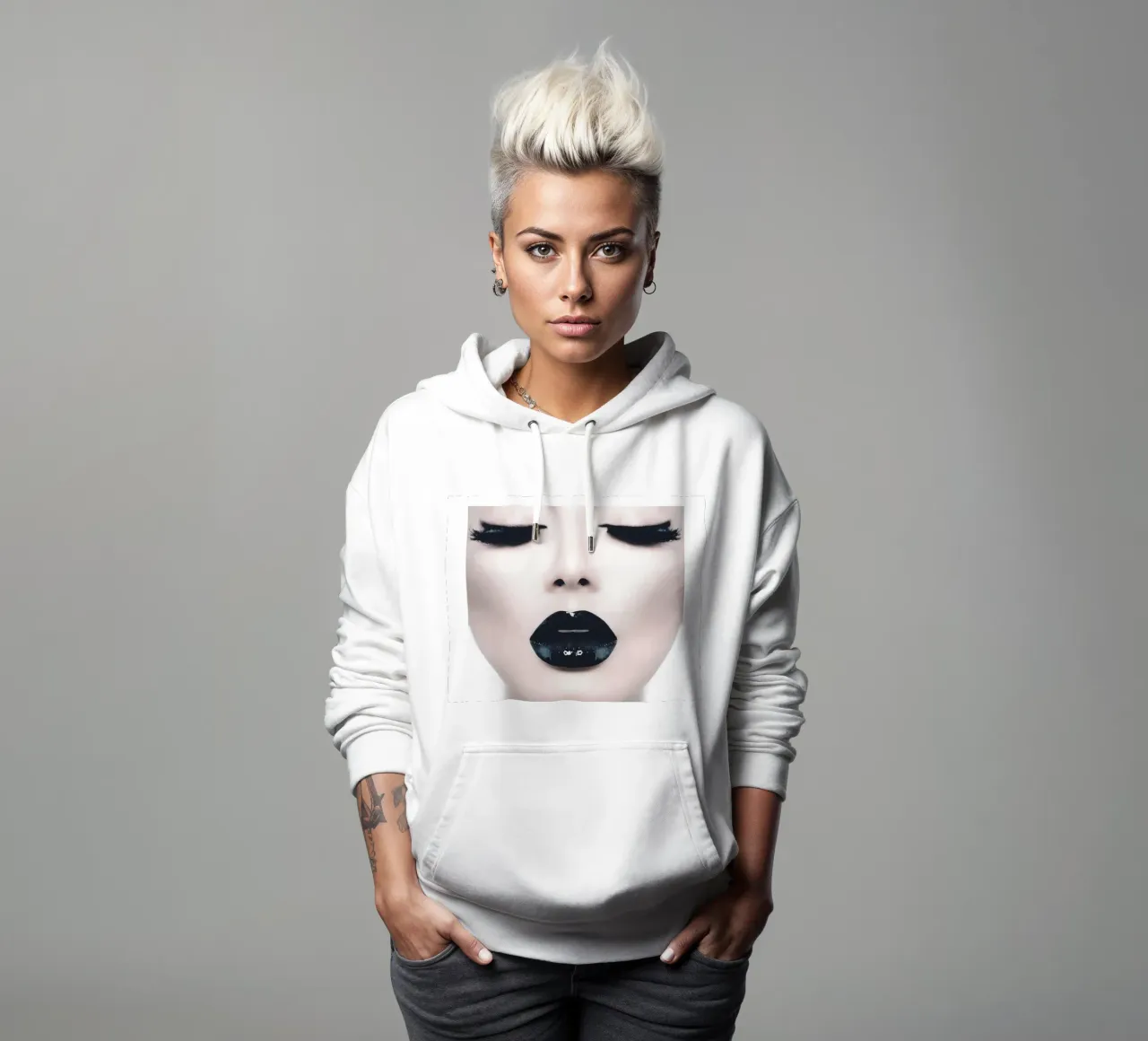 Eleganza in bianco e nero | Design moderno di lip art felpa con cappuccio da Whole©