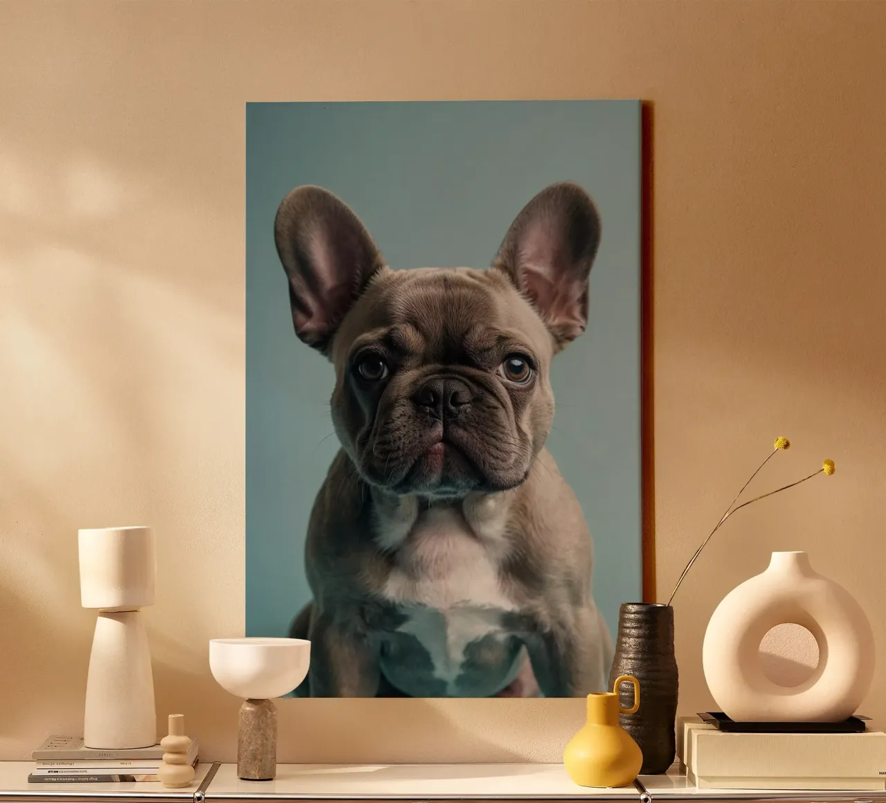 Franse Bulldog puppy met alerte ogen | Werk 3 | Beperkt canvas met Baklijst van Paws & Portraits
